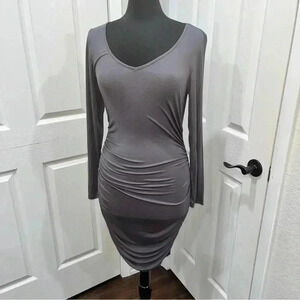 Styleword grey ruched sides dress long sleeve with v-neck NWT